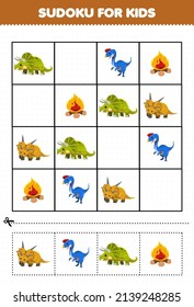 Education game for children sudoku for kids with cute cartoon prehistoric dinosaur triceratops oviraptor xenoceratops fire picture