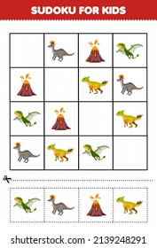 Education game for children sudoku for kids with cute cartoon prehistoric dinosaur lambeosaurus dimorphodon volcano leptoceratops picture