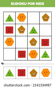 Education game for children sudoku for kids with cute cartoon geometric shape triangle square pentagon hexagon picture