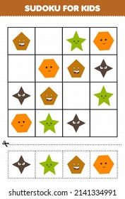 Education game for children sudoku for kids with cute cartoon geometric shape star pentagon hexagon picture
