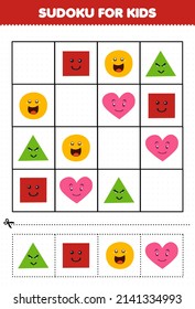 Education game for children sudoku for kids with cute cartoon geometric shape triangle square circle heart picture