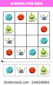 Education game for children sudoku for kids with cute cartoon solar system planet uranus mars alien robot picture