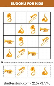 Education game for children sudoku for kids with cartoon music instrument sousaphone trombone saxophone trumpet picture printable worksheet