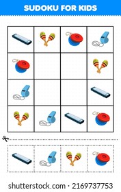 Education game for children sudoku for kids with cartoon music instrument harmonica maracas castanet whistle picture printable worksheet