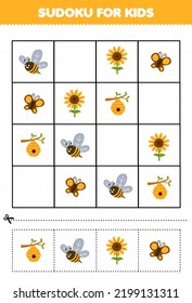 Juego de educación para niños sudoku para niños con adorables dibujos animados de abejas mariposa colmena girasol imprimible hoja de cálculo