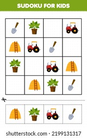 Education game for children sudoku for kids with cute cartoon shovel plant tractor haystack printable farm worksheet