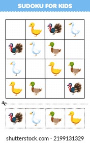 Education game for children sudoku for kids with cute cartoon duck turkey goose printable farm worksheet