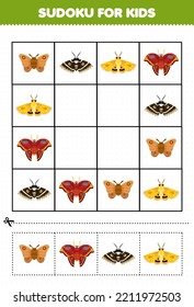 Education game for children sudoku for kids with cute cartoon moth printable bug worksheet