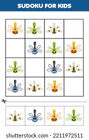 Education game for children sudoku for kids with cute cartoon dragonfly printable bug worksheet