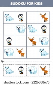 Erziehungsspiel für Kinder sudoku für Kinder mit süßem Cartoon-arktischer Fuchs-Pinguin-Eisbär, bedruckbares Winterblatt