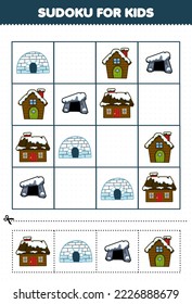 Education game for children sudoku for kids with cute cartoon igloo den snowy house printable winter worksheet