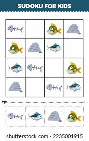 Education game for children sudoku for kids with cute cartoon bone tuna rock piranha printable underwater worksheet
