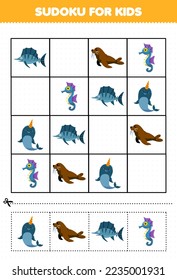 Education game for children sudoku for kids with cute cartoon narwhal walrus fish seahorse printable underwater worksheet