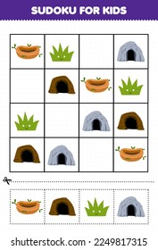 Education game for children sudoku for kids with cute cartoon nest den grass cave printable nature worksheet