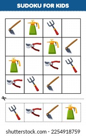 Education game for children sudoku for kids with cute cartoon hoe sprayer fork pruner printable tool worksheet