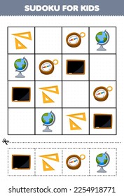 Education game for children sudoku for kids with cute cartoon blackboard ruler compass globe printable tool worksheet