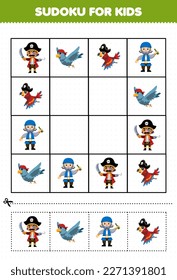 Education game for children sudoku for kids with cute cartoon man and bird character printable pirate worksheet