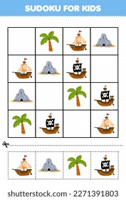 Education game for children sudoku for kids with cute cartoon ship cave tree printable pirate worksheet