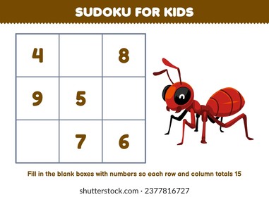 Education game for children sudoku for kids help cute cartoon ant fill in the box with the correct numbers printable bug worksheet