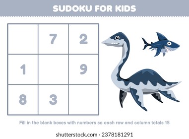 Education game for children sudoku for kids help cute cartoon plesiosaurus fill in the box with the correct numbers printable dinosaur worksheet