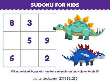 Education game for children sudoku for kids help cute cartoon stegosaurus fill in the box with the correct numbers printable dinosaur worksheet