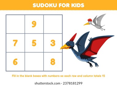 Juego de educación para niños sudoku para los niños ayuda a los adorables dibujos animados que los dinos voladores rellenan la caja con los números correctos hoja de cálculo de dinosaurios imprimible