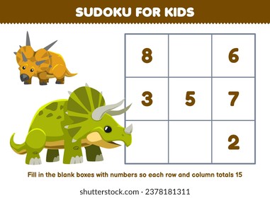 Education game for children sudoku for kids help cute cartoon triceratops fill in the box with the correct numbers printable dinosaur worksheet