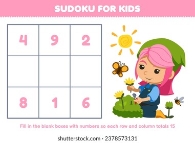 Education game for children sudoku number for kids help cute cartoon girl picking flowers fill the box printable farm worksheet