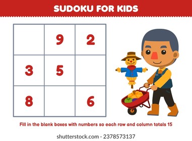 Education game for children sudoku number for kids help cute cartoon farmer boy carrying wheelbarrow fill the box printable farm worksheet