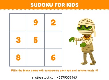 Education game for children sudoku number for kids help cute cartoon mummy fill the box printable halloween worksheet