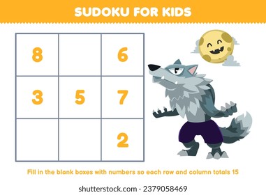 Education game for children sudoku number for kids help cute cartoon werewolf fill the box printable halloween worksheet