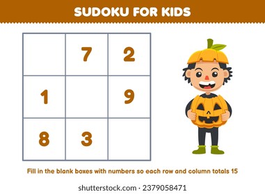 Education game for children sudoku number for kids help cute cartoon pumpkin boy fill the box printable halloween worksheet