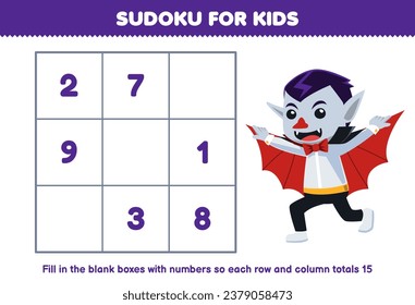 Education game for children sudoku number for kids help cute cartoon dracula fill the box printable halloween worksheet