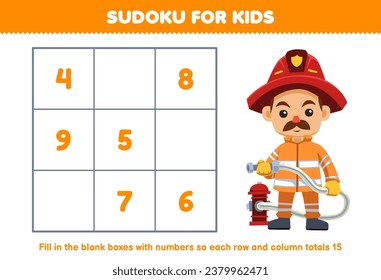 Education game for children sudoku number for kids help cute cartoon firefighter fill the box printable profession worksheet