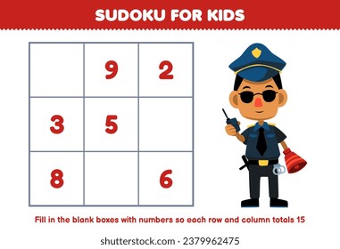 Education game for children sudoku number for kids help cute cartoon police fill the box printable profession worksheet