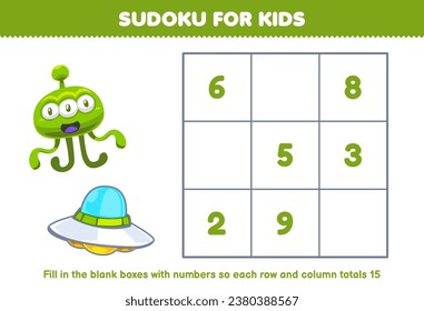 Education game for children sudoku number for kids with cute cartoon alien and ufo printable solar system worksheet