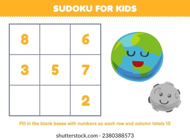Education game for children sudoku number for kids with cute cartoon earth and moon printable solar system worksheet