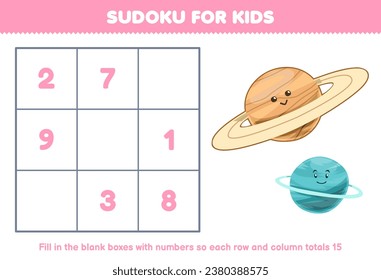 Education game for children sudoku number for kids with cute cartoon saturn and uranus printable solar system worksheet