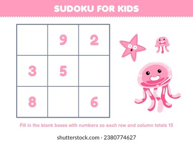 Education game for children sudoku number for kids with cute cartoon starfish and jellyfish printable underwater worksheet