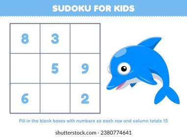 Education game for children sudoku number for kids with cute cartoon dolphin printable underwater worksheet