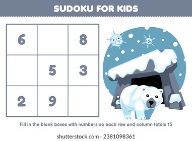 Erziehungsspiel für Kinder Sudoku-Nummer für Kinder mit süßem Cartoon-Eisbär vor dem druckbaren Winterarbeitsblatt