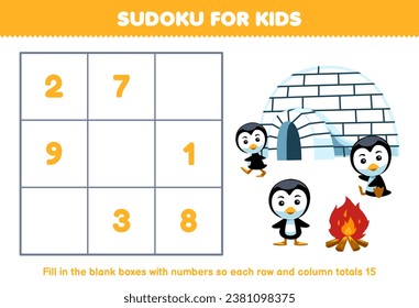 Education game for children sudoku number for kids with cute cartoon penguin printable winter worksheet