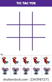 Education game for children tic tac toe set with cute cartoon parrot and koala picture printable animal worksheet