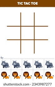 Education game for children tic tac toe set with cute cartoon rhino and lion picture printable animal worksheet