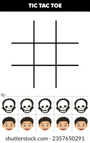 Juego de educación para niños tic tac toe set con linda cabeza de dibujos animados y imagen del cráneo anatomía imprimible y hoja de cálculo de órganos