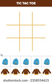 Education game for children tic tac toe set with cute cartoon beanie hat and sweater picture printable wearable clothes worksheet