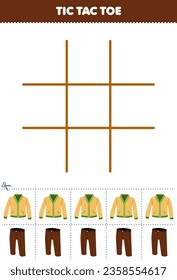 Education game for children tic tac toe set with cute cartoon cardigan and trouser picture printable wearable clothes worksheet