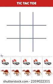 Education game for children tic tac toe set with cute cartoon dino egg and spinosaurus picture printable wearable prehistoric dinosaur worksheet