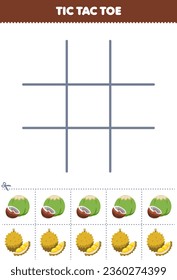 Education game for children tic tac toe set with cute cartoon coconut and durian picture printable fruit worksheet