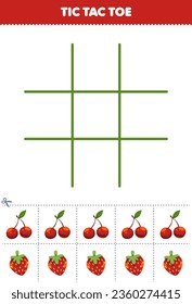 Juego de educación para niños tic tac toc set con una linda hoja de cálculo de fruta con cerezo de dibujos animados y fresa imprimible